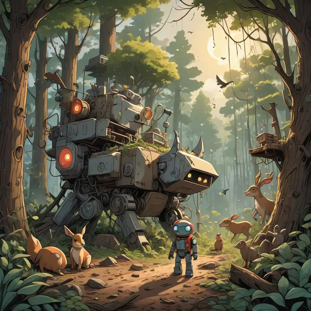 a robot walking through a forest next to a forest filled with animals and a man standing next to a robot, environmental art, a storybook illustration, Dan Mumford, rossdraws global illumination