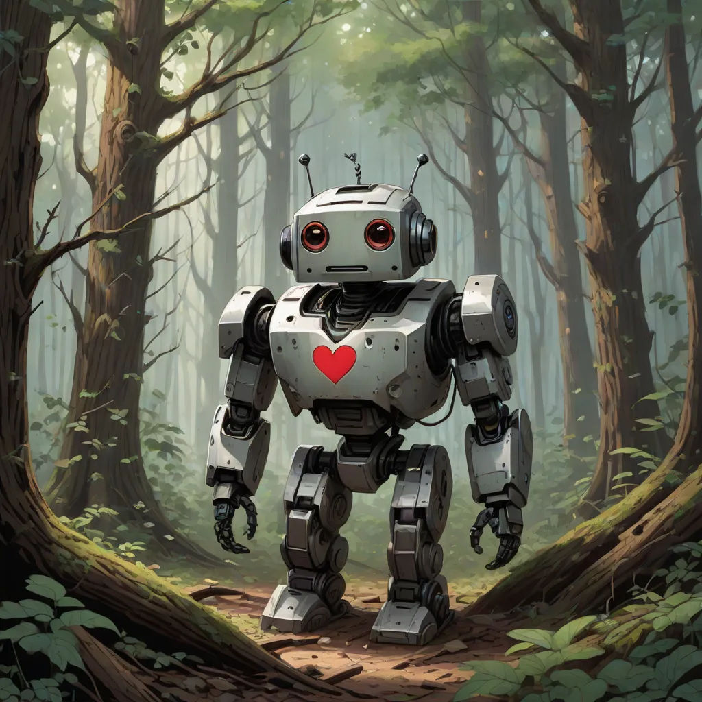 a robot with a heart in the forest with trees and leaves around it, with a forest background and a path, altermodern, a storybook illustration, Chris LaBrooy, robot