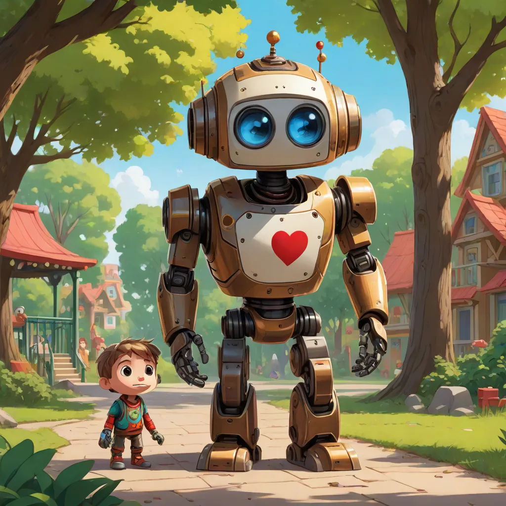 a robot and a boy walking down a street in front of a tree filled park with houses and a red heart, sots art, a storybook illustration, Aaron Jasinski, pixar and disney animation