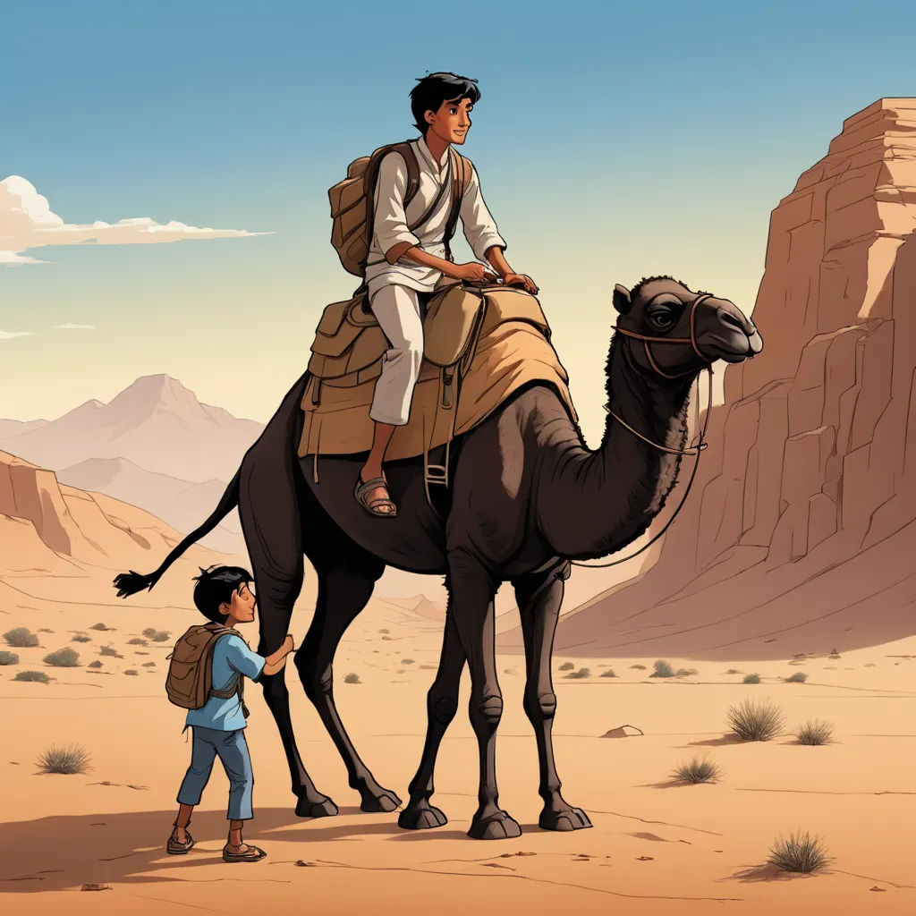 a boy and a girl are riding a camel in the desert with a mountain in the background and a desert landscape, serial art, a storybook illustration, Asaf Hanuka, comic cover art