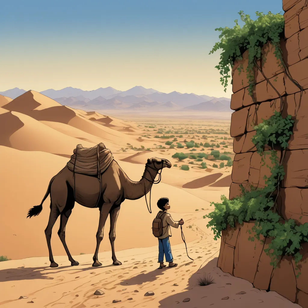 a man standing next to a camel in the desert with a man standing next to it and a camel in the background, serial art, a storybook illustration, Asaf Hanuka, desert