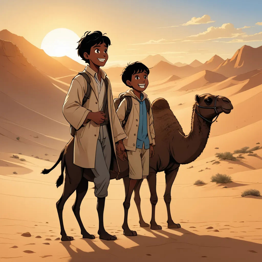 a couple of people standing next to a camel in the desert with mountains in the background and a sun setting, hurufiyya, a comic book panel, Asaf Hanuka, official art