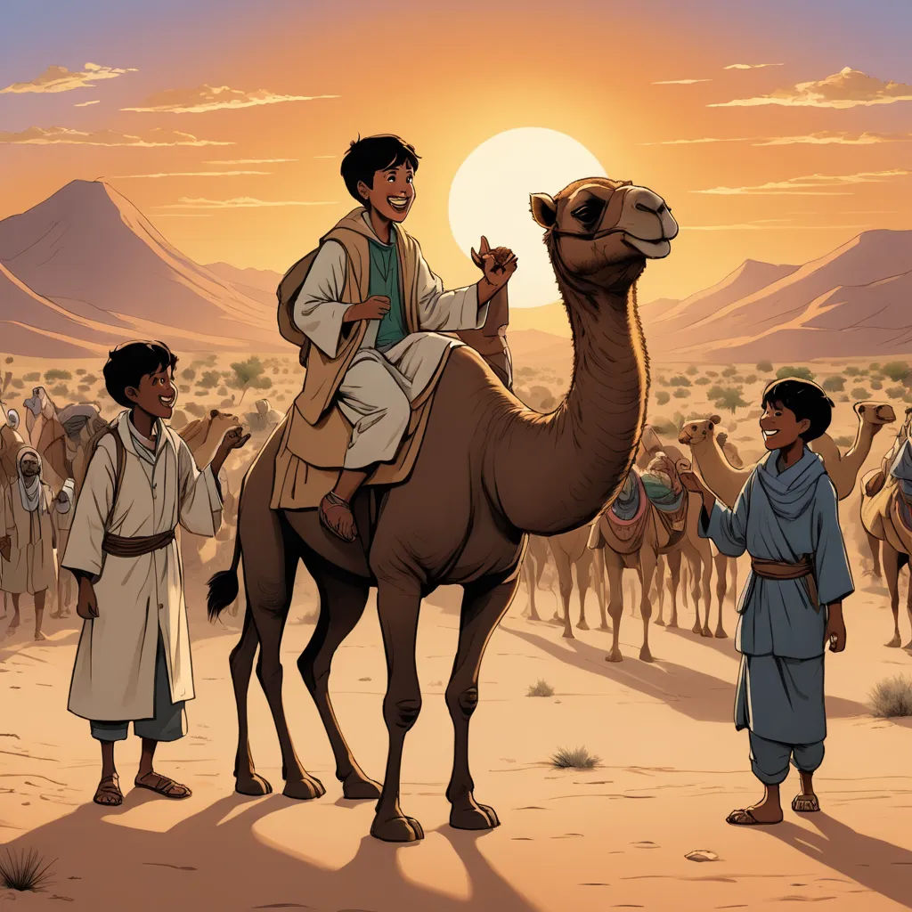 a man riding a camel in the desert with other men around him and a camel in the background with a sun setting, hurufiyya, a comic book panel, Asaf Hanuka, graphic novel