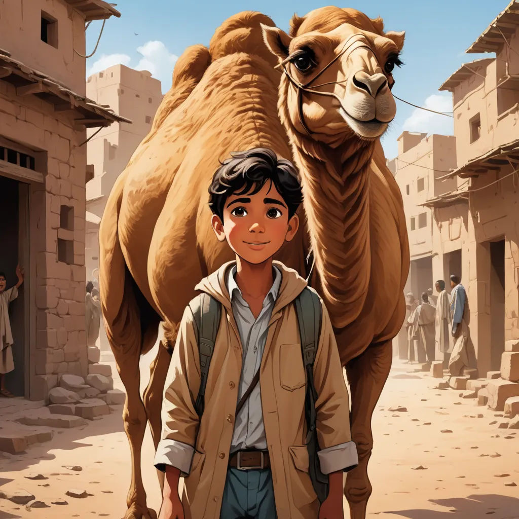 a boy standing in front of a camel in a desert town with people and buildings in the background,, hurufiyya, a storybook illustration, Asaf Hanuka, graphic novel