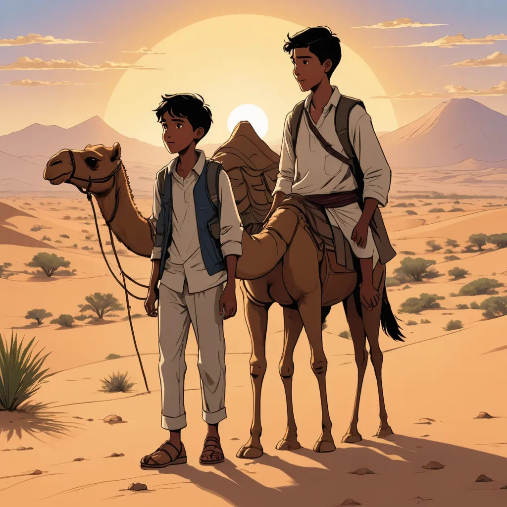 a man and a boy standing on a camel in the desert with the sun setting behind them and a desert landscape, serial art, egyptian art, Asaf Hanuka, graphic novel