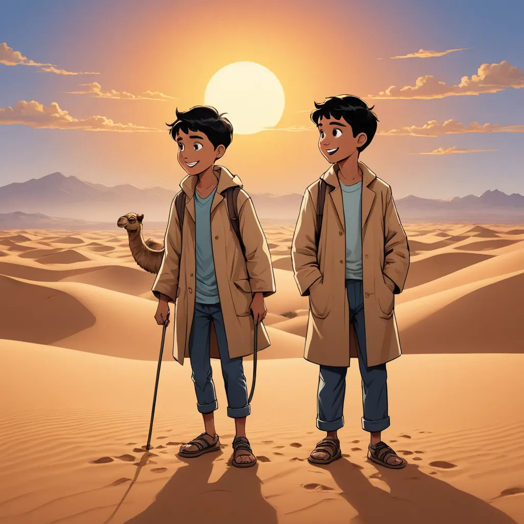 two people standing in the desert with a sunset in the background and a desert landscape with sand dunes and mountains, dau-al-set, concept art, Brothers Hildebrandt, official art