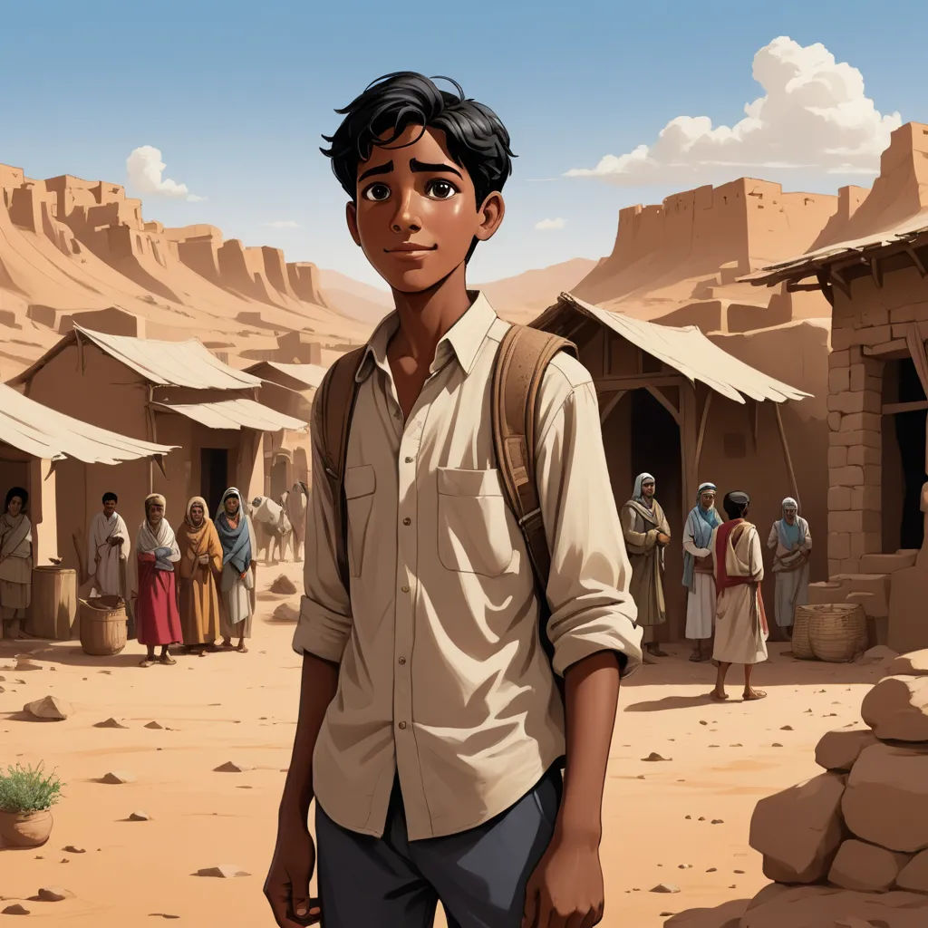 a man standing in front of a desert village with people in the background and a sky background with clouds, serial art, a comic book panel, Asaf Hanuka, graphic novel