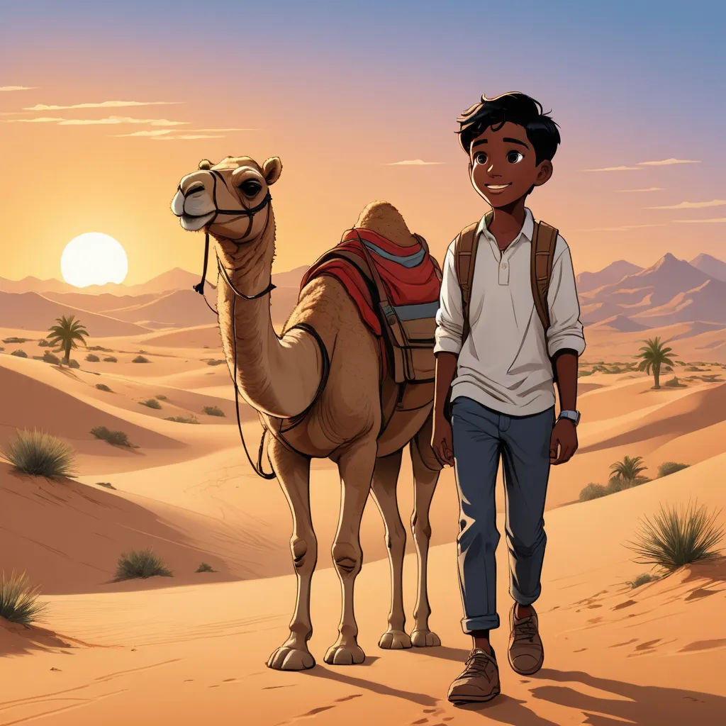 a man standing next to a camel in the desert at sunset or dawn with a desert landscape in the background, hurufiyya, a storybook illustration, Asaf Hanuka, official art