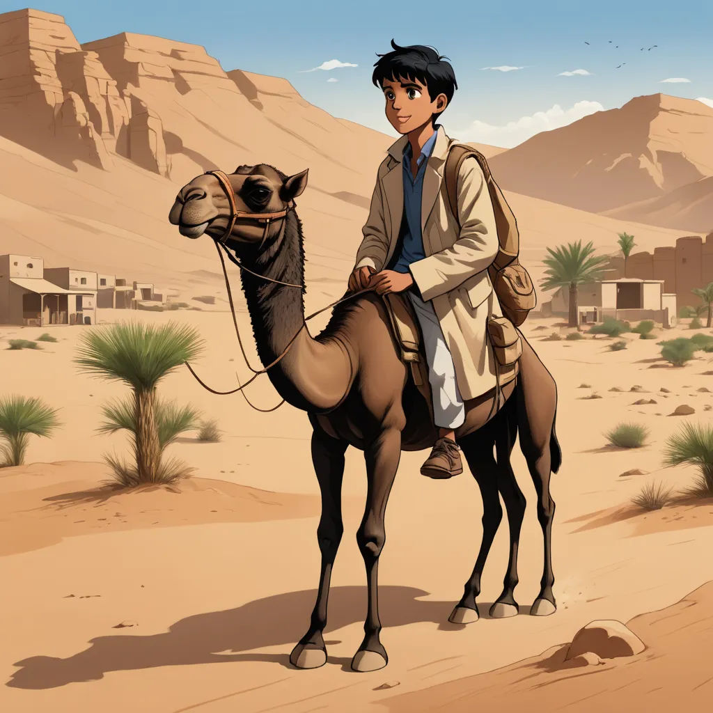 a man riding a camel in the desert with a desert background and a desert landscape in the background, with a desert scene in the foreground, dau-al-set, egyptian art, Asaf Hanuka, official art