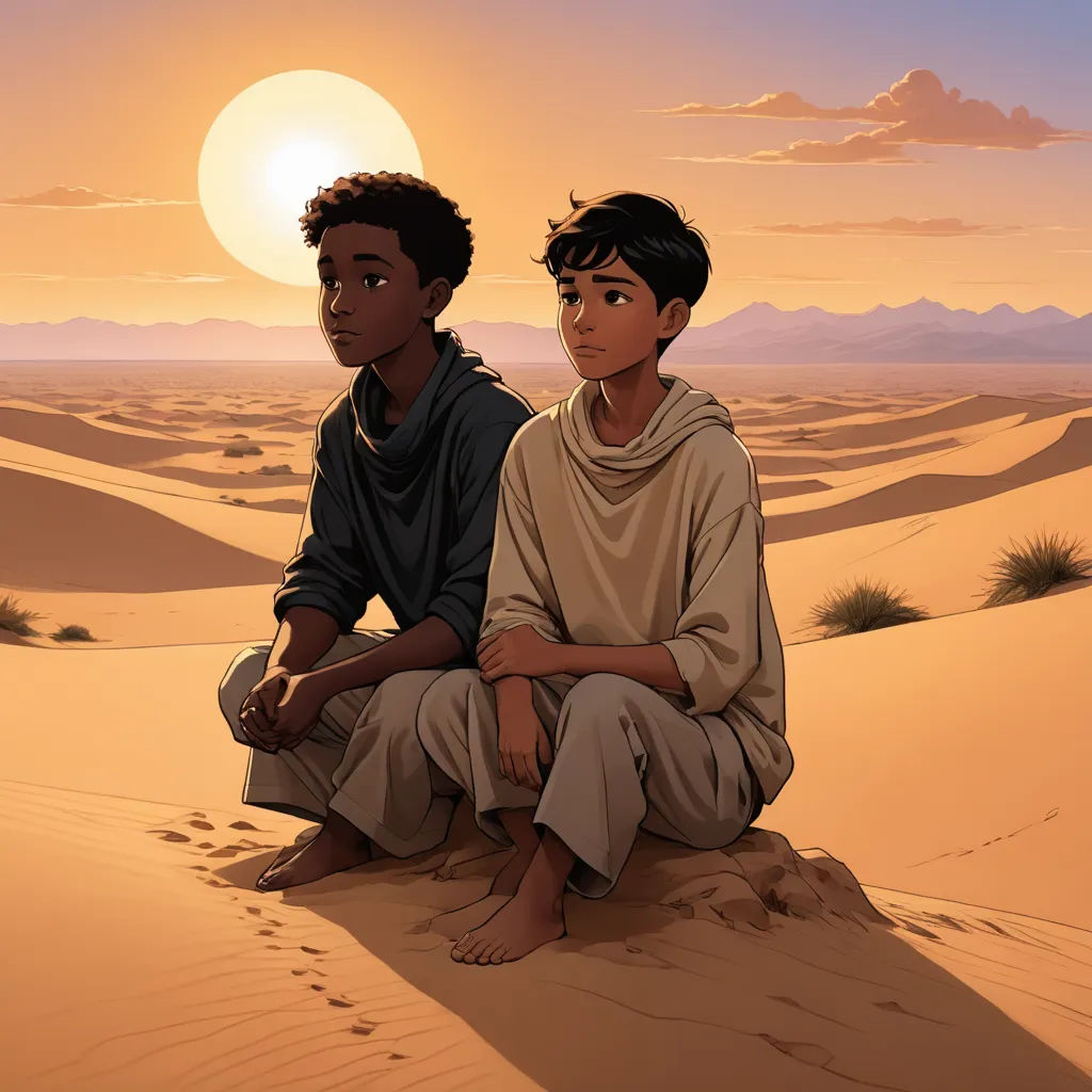 two boys sitting on a desert with a sunset in the background and a desert landscape in the foreground, serial art, a comic book panel, Asaf Hanuka, official art
