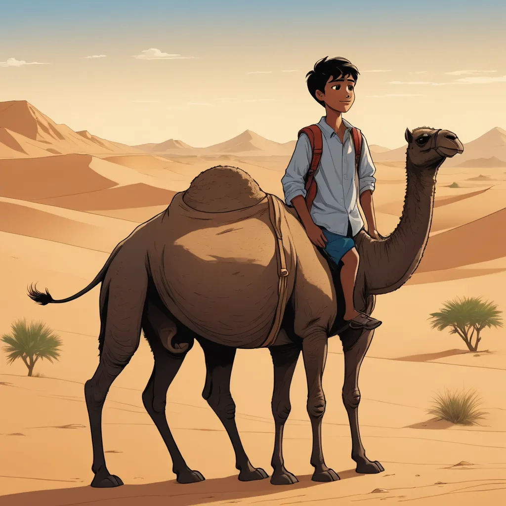 a boy riding a camel in the desert with a desert background and a desert landscape in the background, with a desert landscape, and a desert, with a, hurufiyya, a storybook illustration, Asaf Hanuka, comic cover art