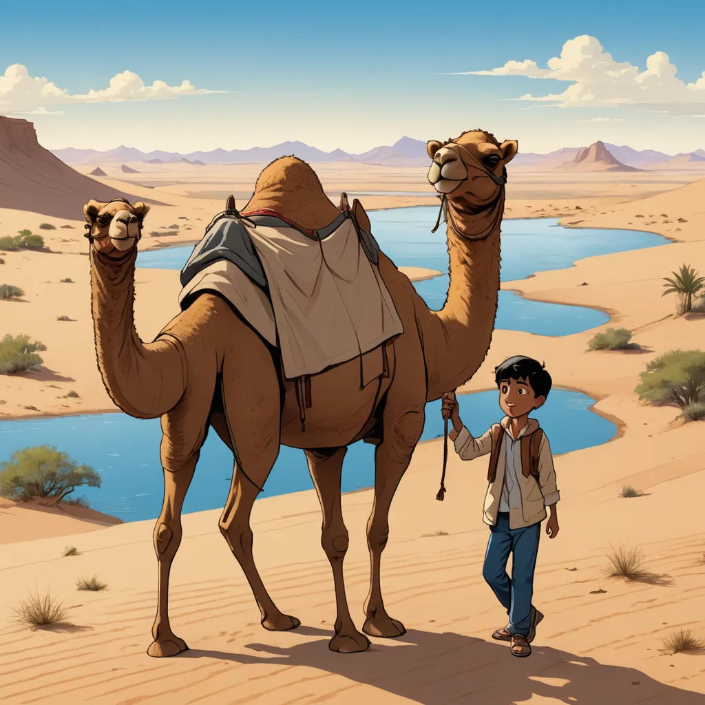 a man is walking with a camel in the desert near a lake and mountains in the background, while a man is walking with a camel in the foreground, magical realism, a storybook illustration, Asaf Hanuka, storybook illustration