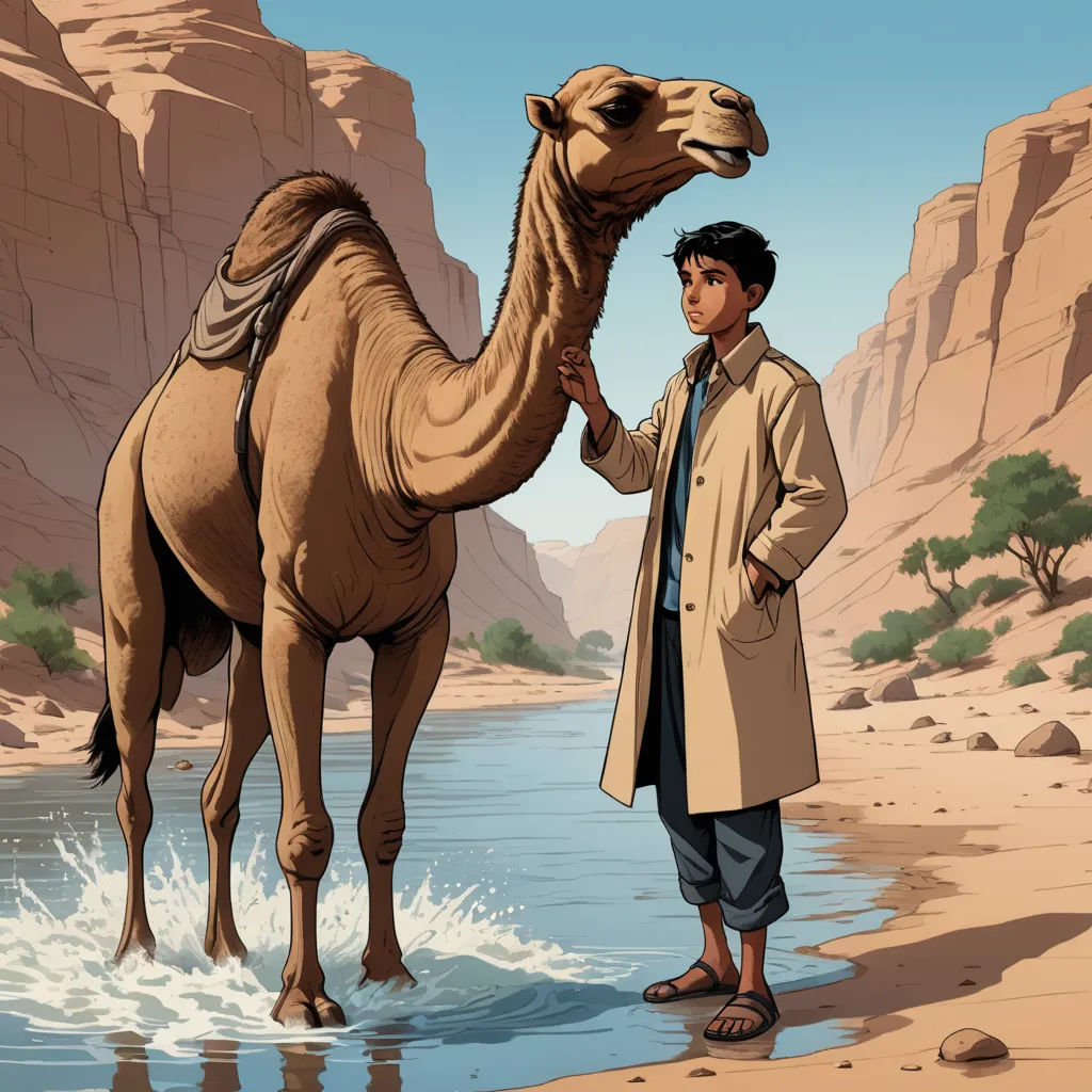 a man standing next to a camel in a desert area with a river running through it and a mountain in the background, magical realism, a comic book panel, Asaf Hanuka, cliff chiang