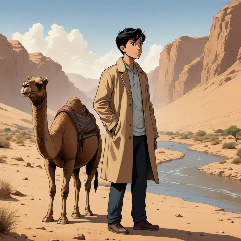 a man standing in the desert with a camel in front of him and a mountain in the background with a river running through it, serial art, a comic book panel, Amir Zand, official art