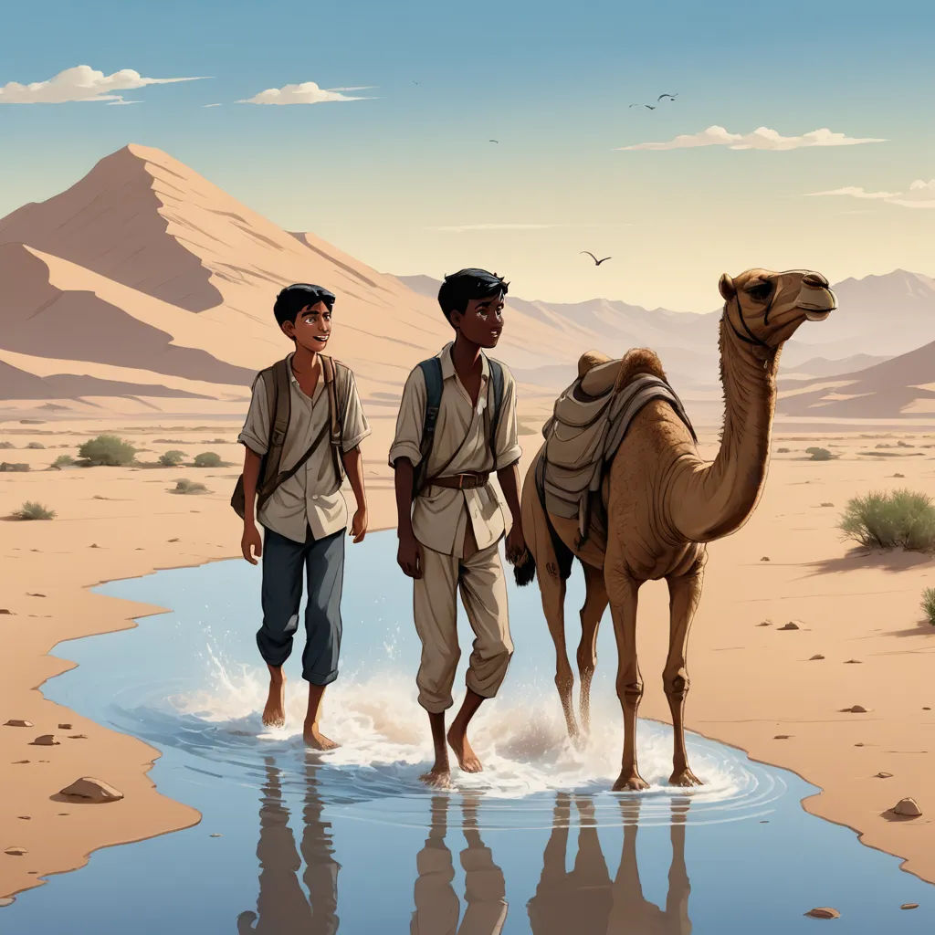 two men walking a camel across a body of water in the desert with mountains in the background and a bird flying overhead, serial art, a storybook illustration, Asaf Hanuka, desert