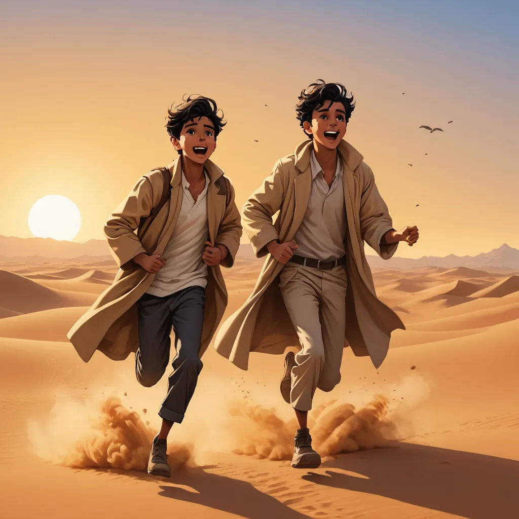 two men running in the desert with a sunset in the background and a bird flying overhead in the sky, serial art, poster art, Brothers Hildebrandt, official art
