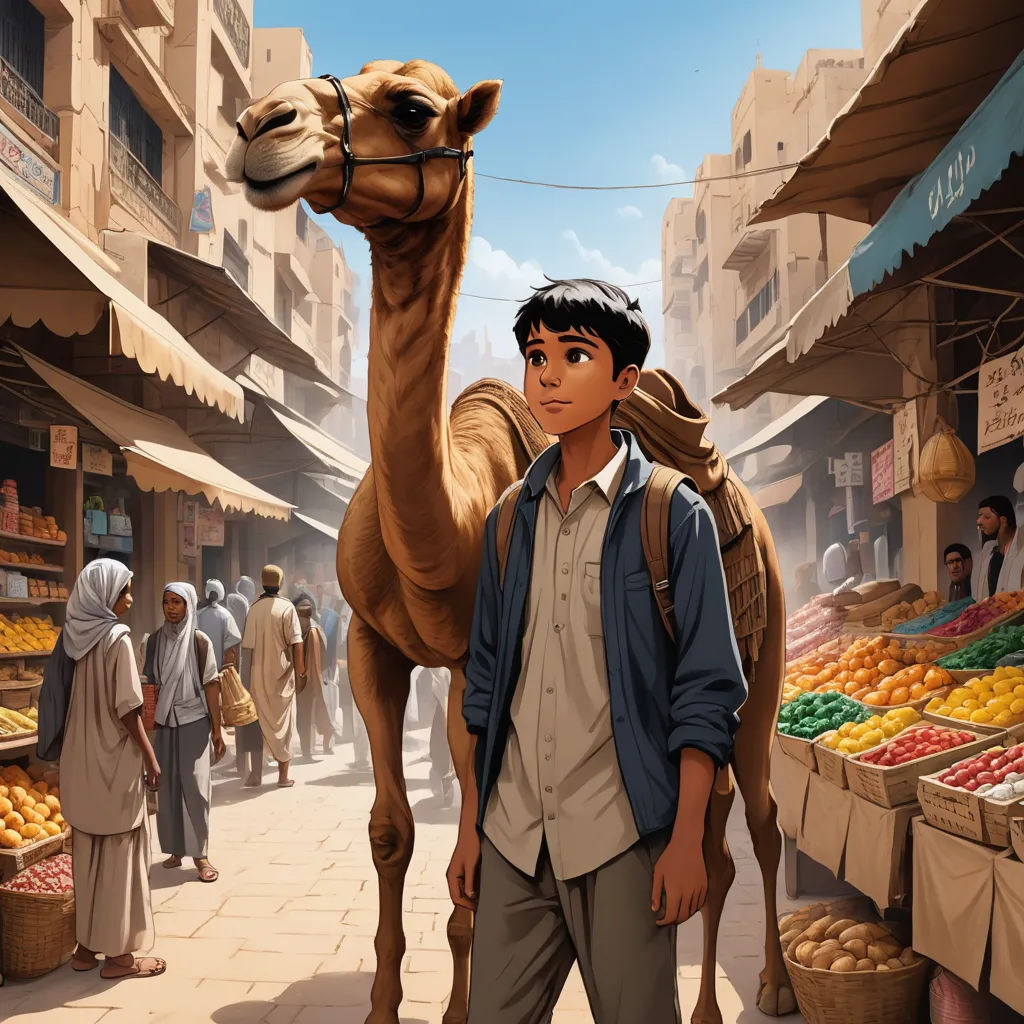 a man standing next to a camel in a market place with people walking by and a camel in the background, magical realism, a storybook illustration, Asaf Hanuka, official art