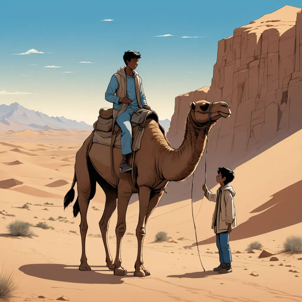 a man standing next to a camel in the desert with a man on top of it and a mountain in the background, serial art, a storybook illustration, Asaf Hanuka, desert