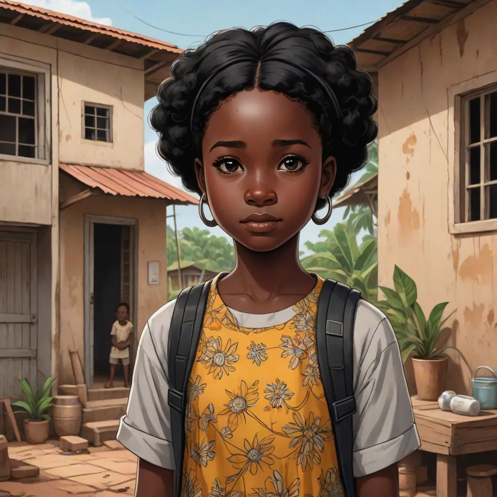 a young girl standing in front of a house with a child in the background and a man in the background, photorealism, a character portrait, Chinwe Chukwuogo-Roy, cushart krenz