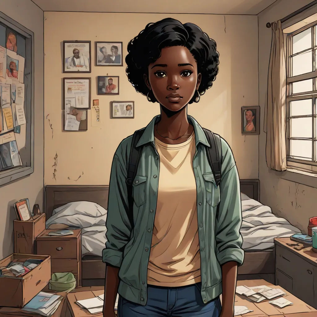 a woman standing in a messy room with boxes on the floor and a bed in the background with pictures on the wall, sots art, a character portrait, Constance Gordon-Cumming, official art