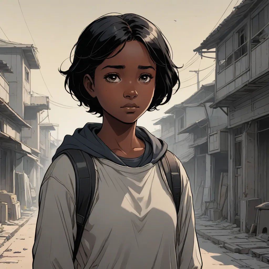 a young girl standing in a street in a cartoon style, looking at the camera with a serious look on her face, serial art, a comic book panel, Cliff Childs, kim jung gi