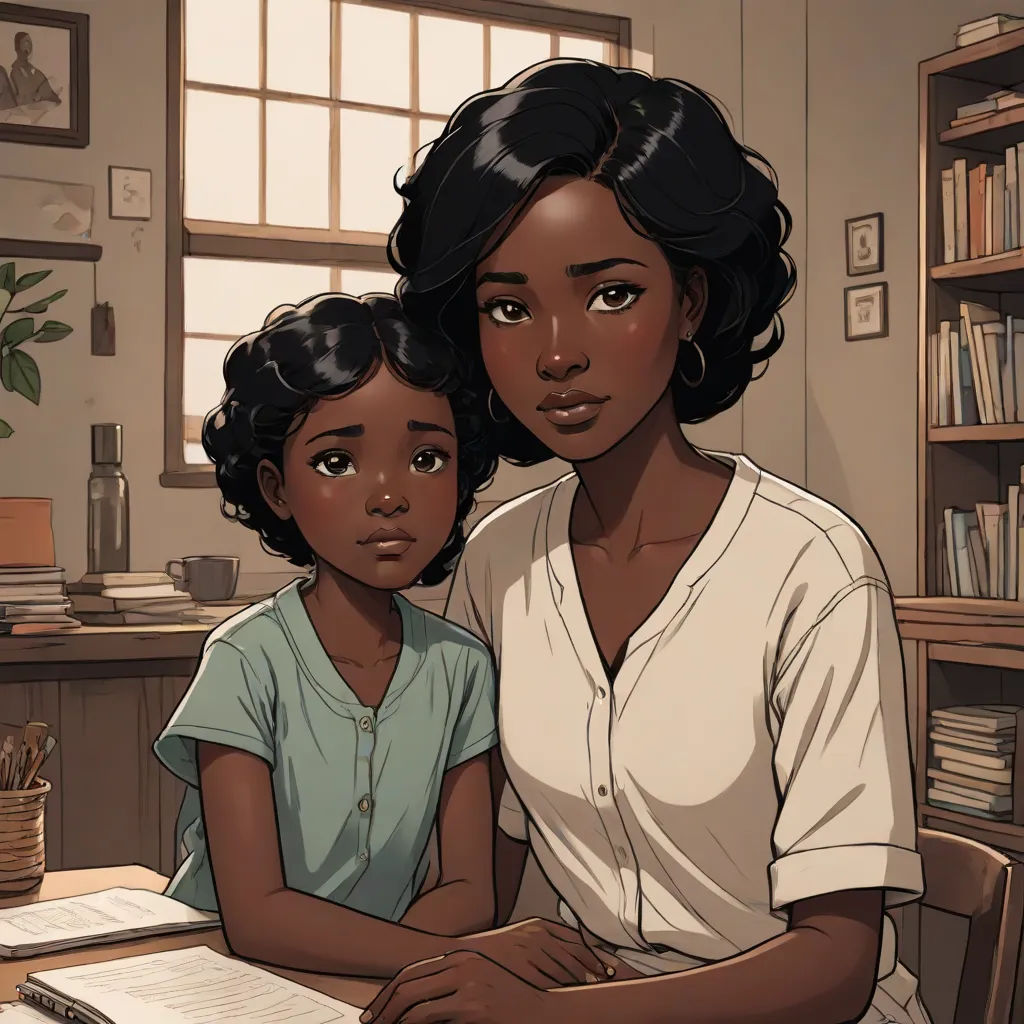 a woman and a child sitting at a table in a room with books and a plant on the table, harlem renaissance, a comic book panel, Chinwe Chukwuogo-Roy, comic cover art