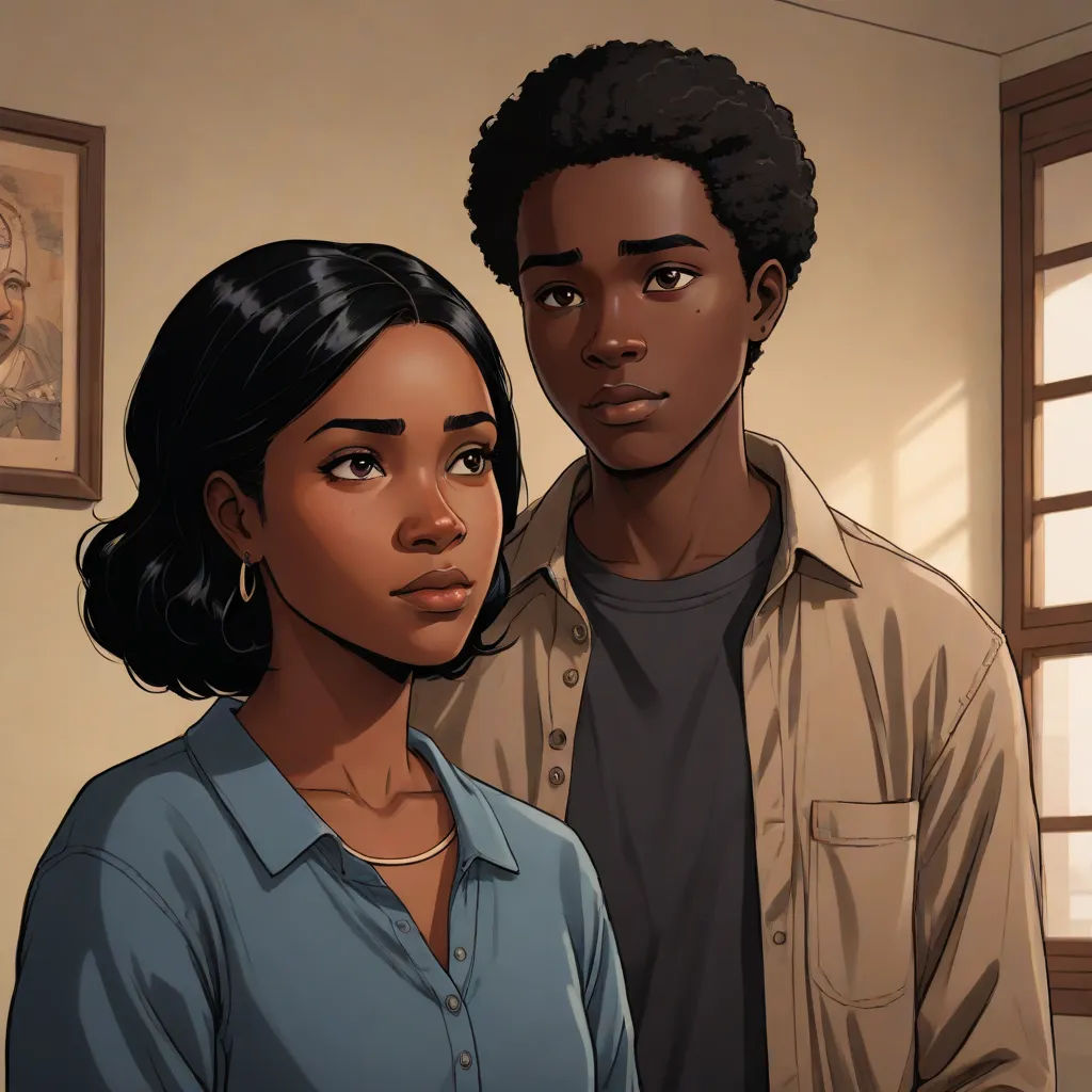 a man and a woman standing next to each other in a room with a window and a picture on the wall, harlem renaissance, a comic book panel, Cedric Seaut (Keos Masons), official art