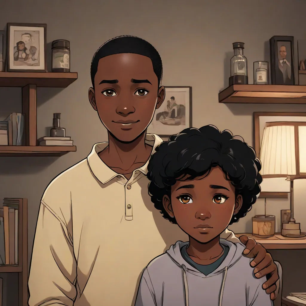 a man and a boy standing in a room with shelves and a lamp on the wall behind them,, harlem renaissance, a comic book panel, Cedric Seaut (Keos Masons), official art
