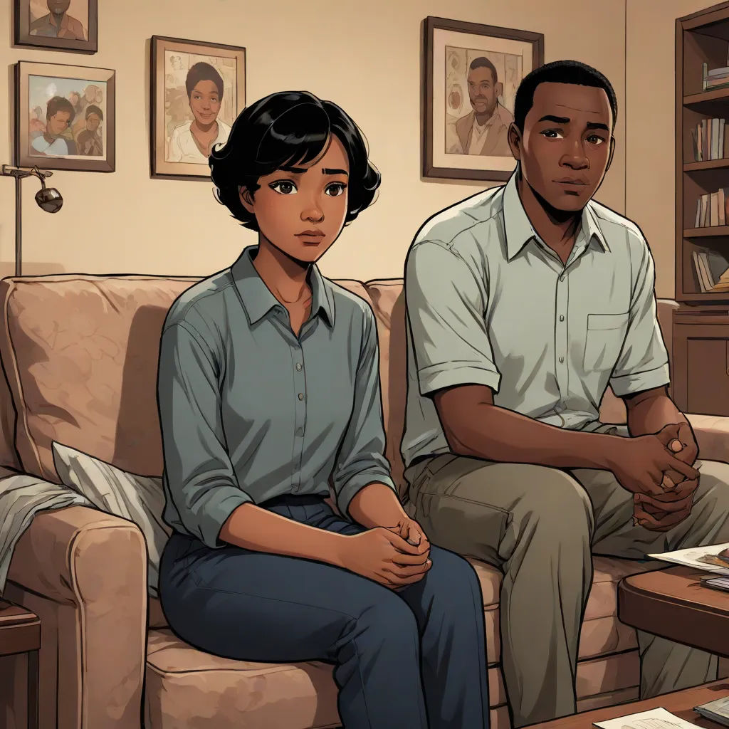 a man and a woman sitting on a couch in a living room with a bookcase and a coffee table, american realism, a comic book panel, Allan Brooks, graphic novel