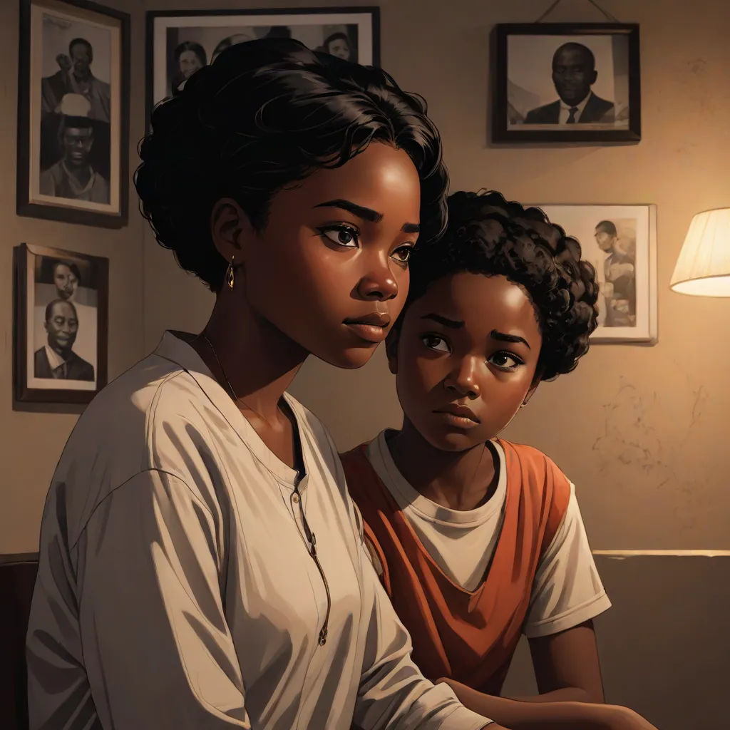 a woman and a child sitting next to each other in a room with pictures on the wall and a lamp, harlem renaissance, an ultrafine detailed painting, Ernie Barnes, highly detailed digital painting