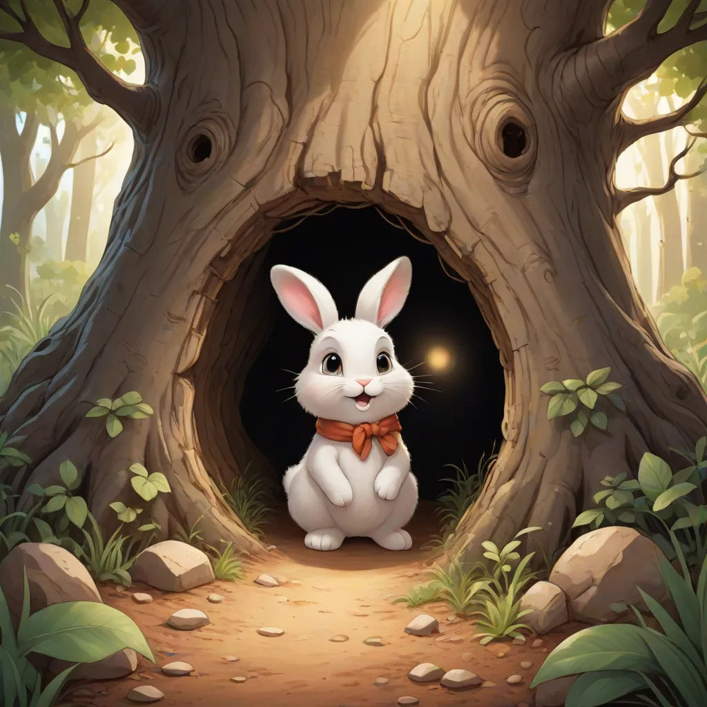 a white rabbit sitting in a hole in a tree trunk with a light shining in it's eyes, fantasy art, a storybook illustration, Chris LaBrooy, rossdraws global illumination