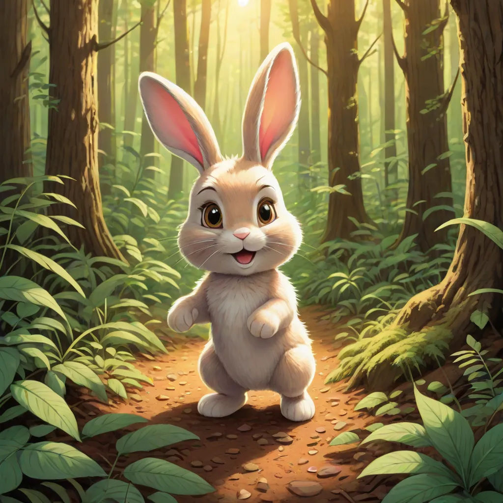 a rabbit is standing in the middle of a forest with a trail in front of it and the sun shining through the trees, furry art, a storybook illustration, Chris LaBrooy, rossdraws global illumination