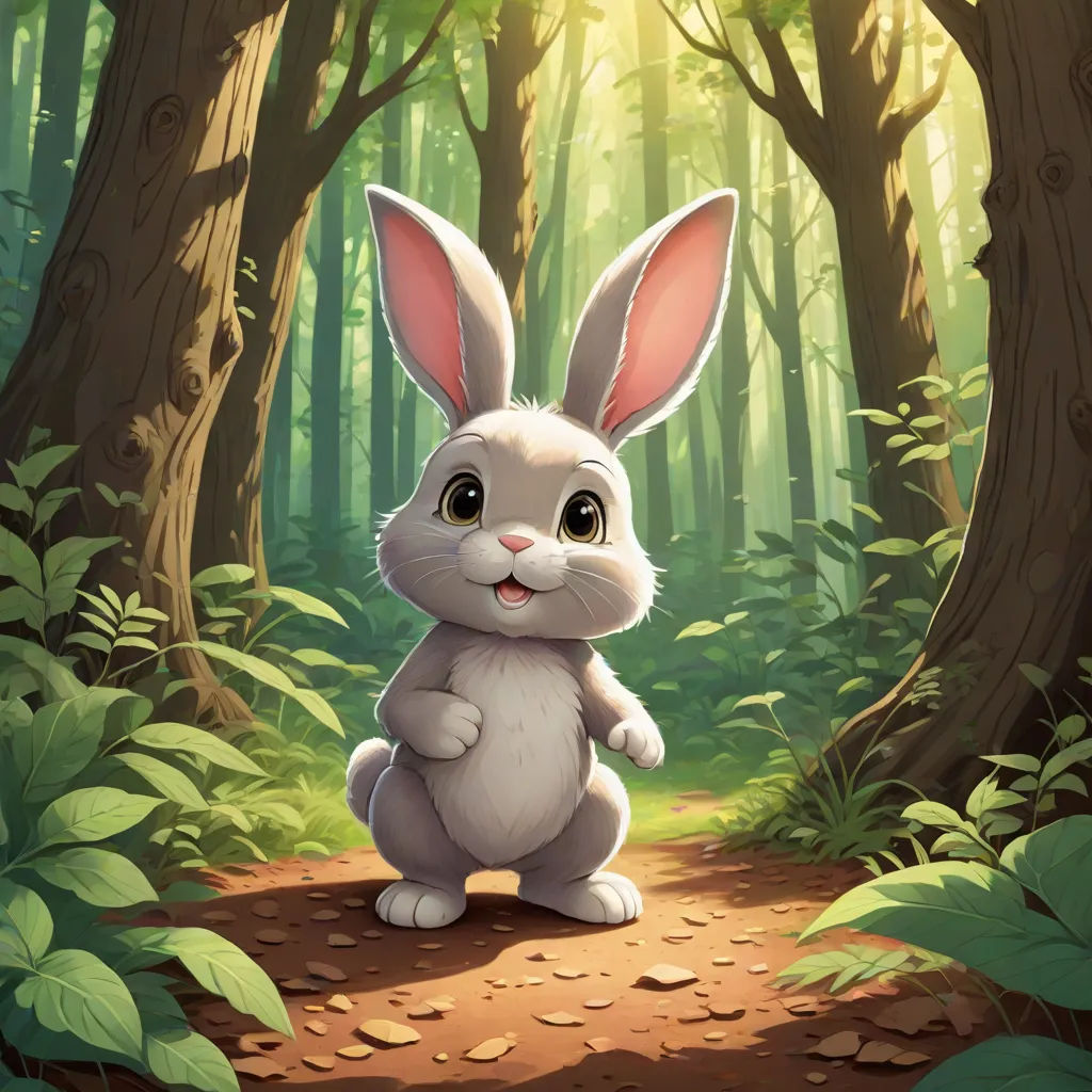 a rabbit sitting in the middle of a forest with leaves on the ground and a forest background with trees, furry art, a digital painting, Chris LaBrooy, rossdraws global illumination