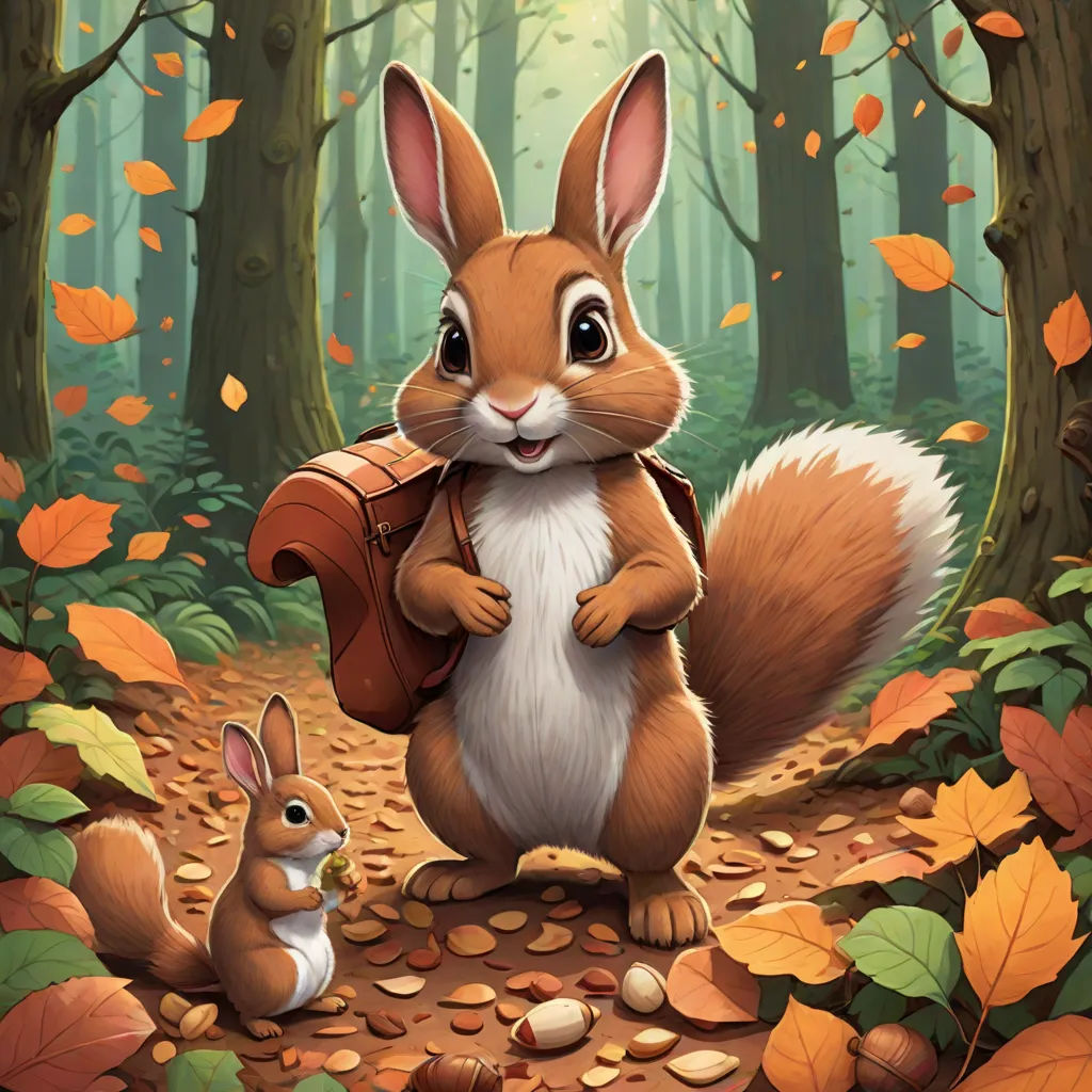 a painting of a squirrel and a squirrelling in a forest with leaves and leaves on the ground and a forest with trees and leaves, furry art, a storybook illustration, Chris LaBrooy, official art