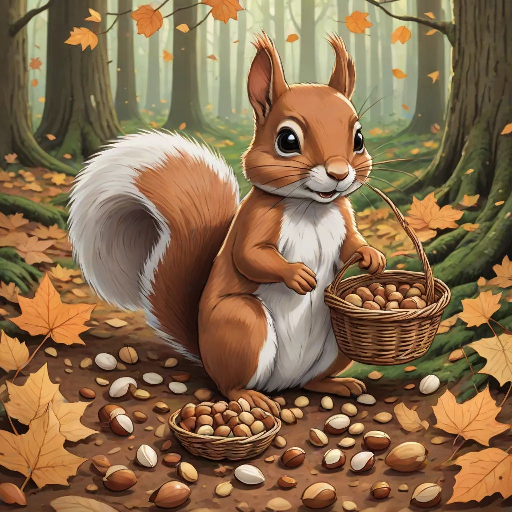 a squirrel holding a basket of nuts in a forest with leaves and nuts scattered around it on the ground, figurativism, a storybook illustration, Chris LaBrooy, official art