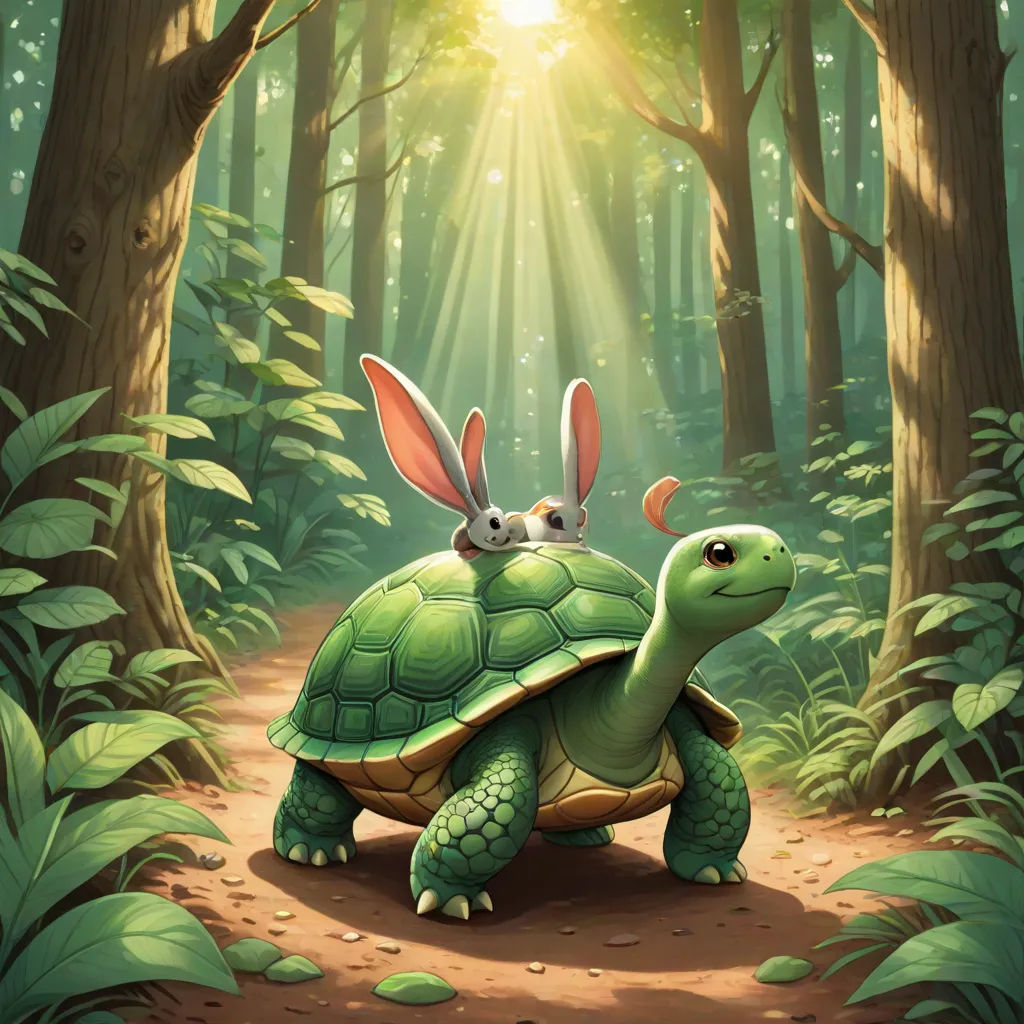 a couple of rabbits are riding on top of a turtle in the woods with a bunny on its back, fantasy art, a storybook illustration, Chris LaBrooy, official art