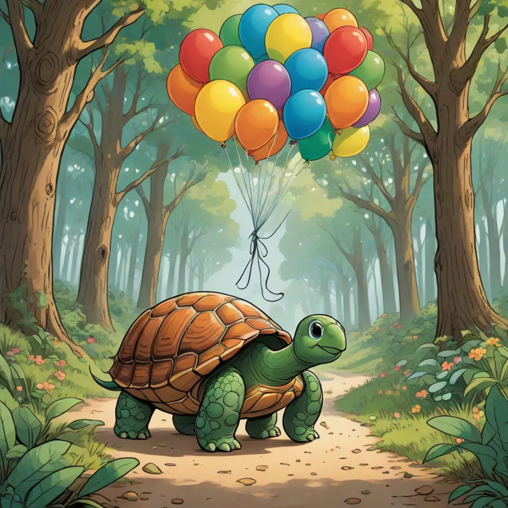 a turtle holding a bunch of balloons in the forest with a string attached to it's back,, sots art, a storybook illustration, Chris LaBrooy, storybook illustration
