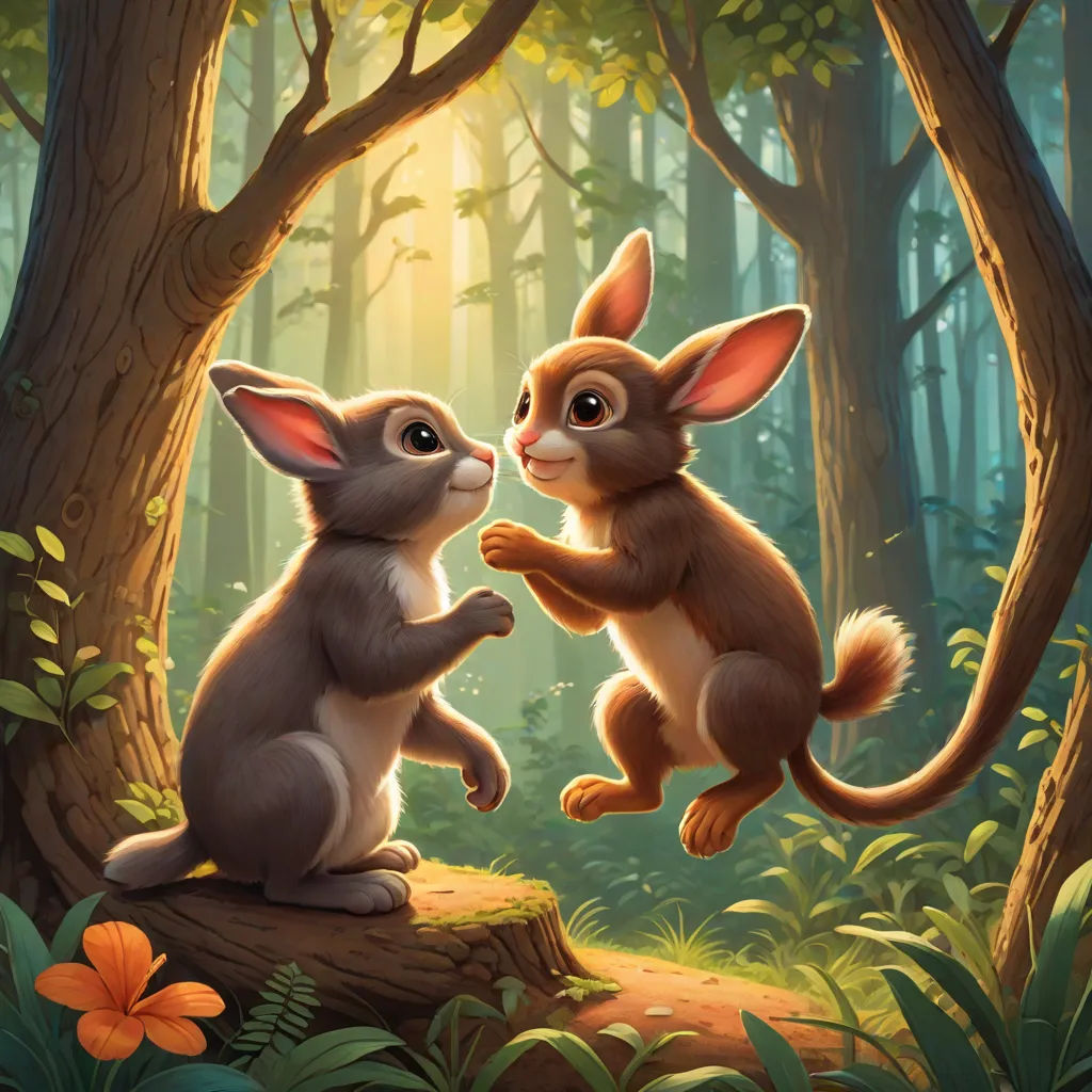 two rabbits are playing in the woods together, one is jumping up and the other is sitting down and looking at the other, furry art, a storybook illustration, Chris LaBrooy, official art