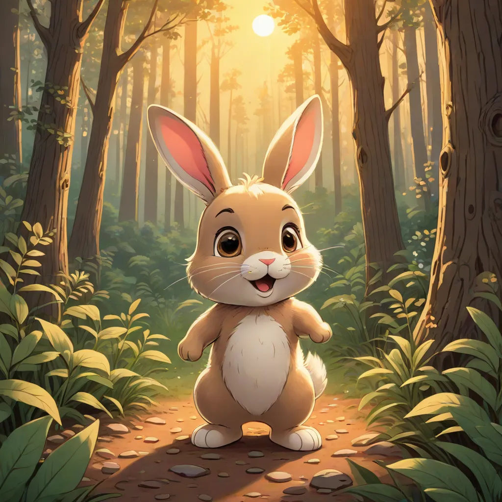 a rabbit sitting in the middle of a forest with the sun shining through the trees behind it and a forest path with rocks and grass, furry art, a storybook illustration, Chris LaBrooy, rossdraws global illumination