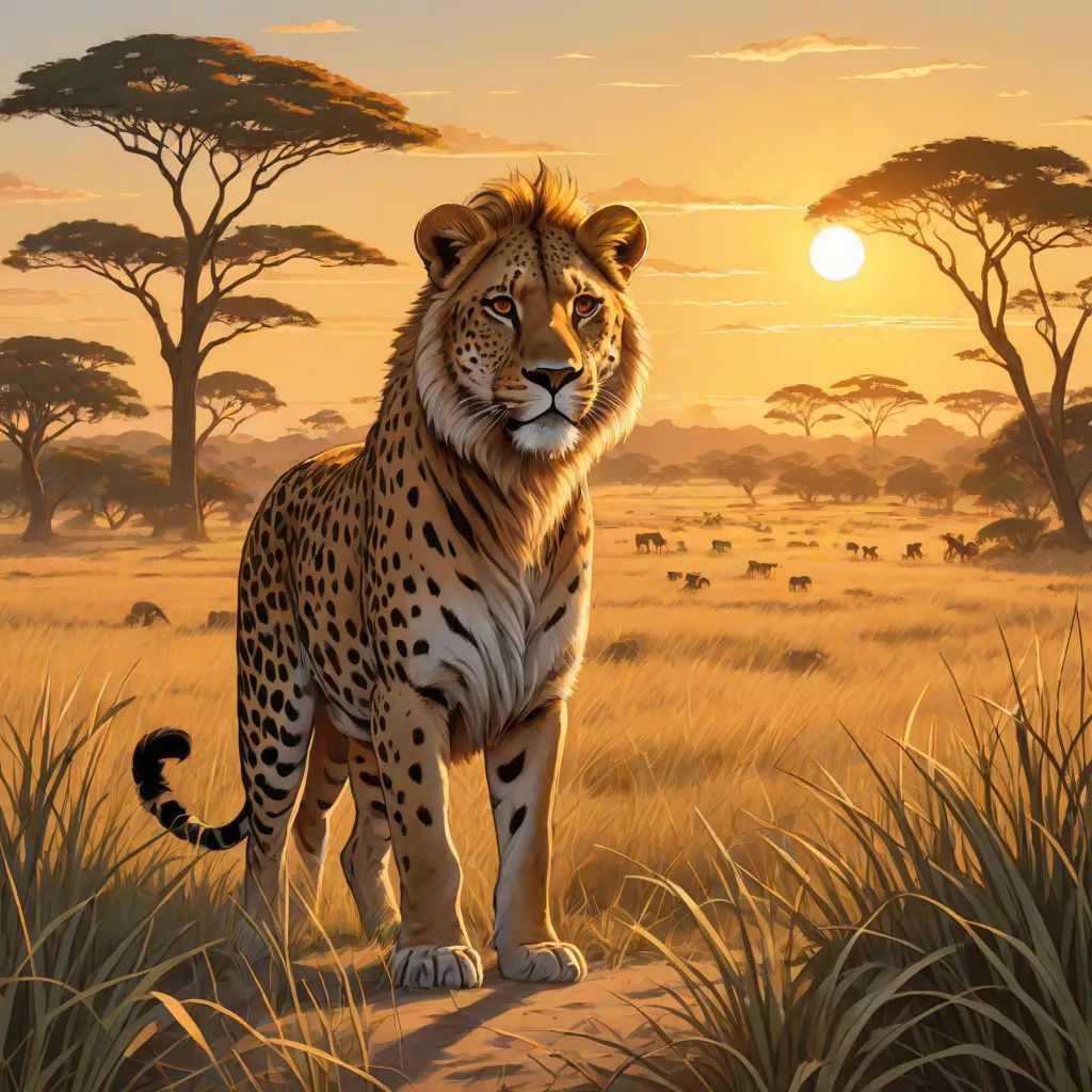 a painting of a cheetah standing in a field at sunset with other animals in the background and a setting sun, furry art, an airbrush painting, Chris LaBrooy, majestic