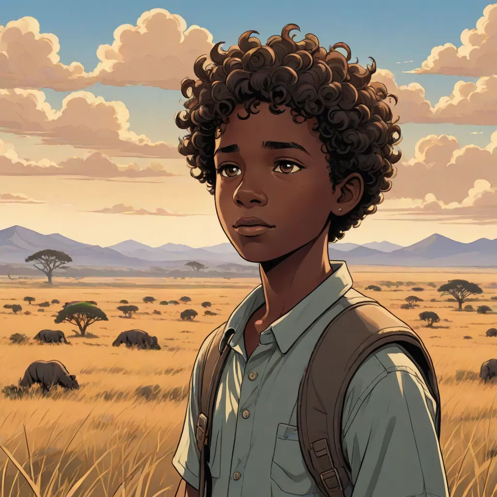 a boy with a backpack standing in a field of grass with elephants in the background and clouds in the sky, american realism, a character portrait, Aaron Jasinski, cushart krenz