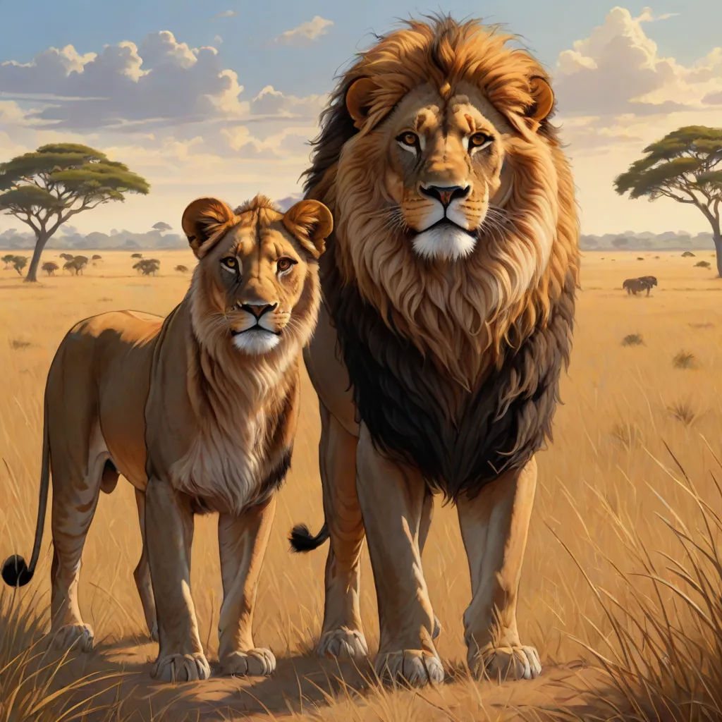 a painting of two lions standing in a field of grass with trees in the background and a sky with clouds, fantastic realism, an oil painting, Brothers Hildebrandt, oil painting