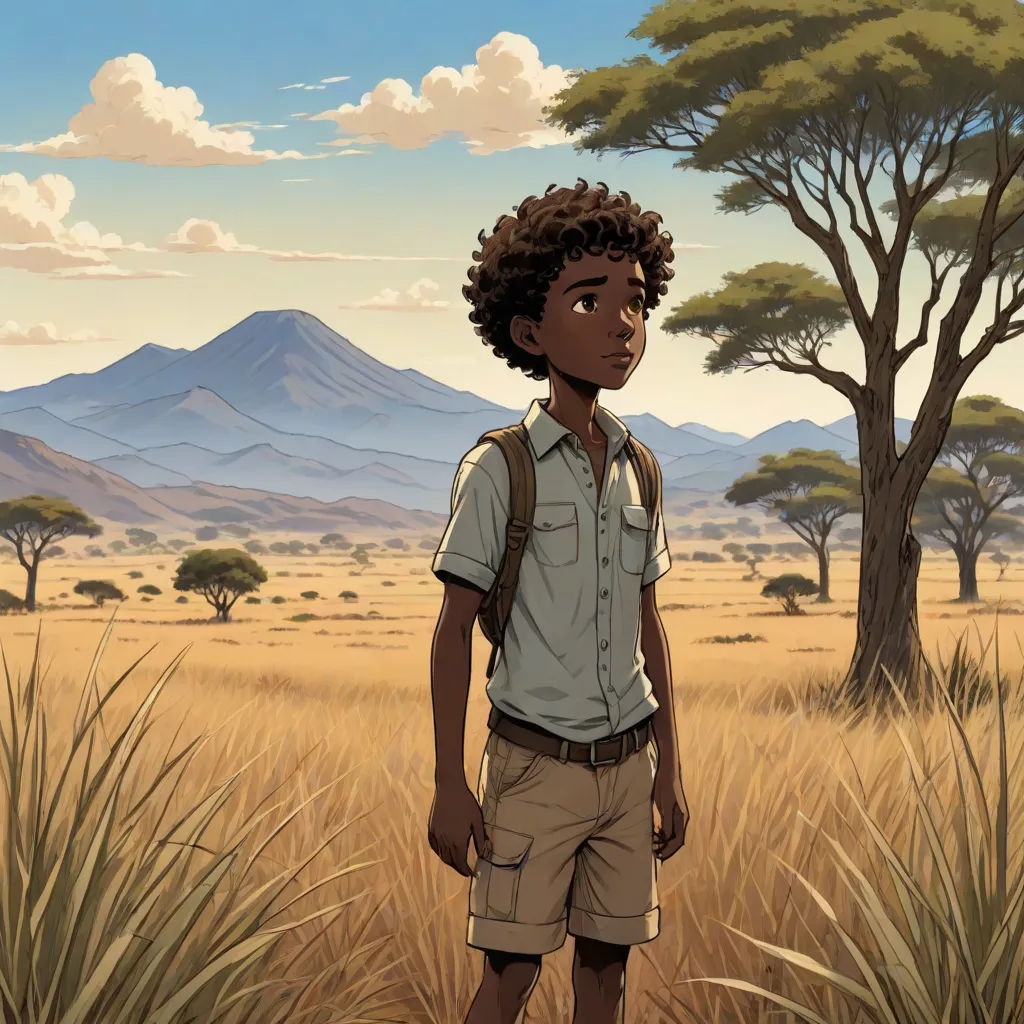 a boy standing in a field with a mountain in the background and trees in the foreground, with a sky background, serial art, poster art, Cedric Seaut (Keos Masons), official art