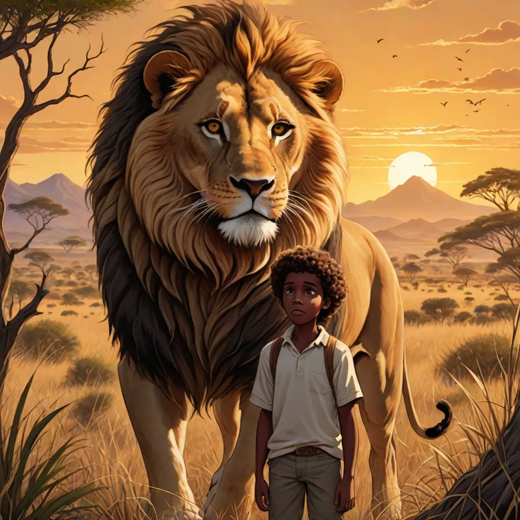 a painting of a boy and a lion in a field with trees and bushes in the background, with a sunset in the background, fantastic realism, poster art, Chris LaBrooy, official art
