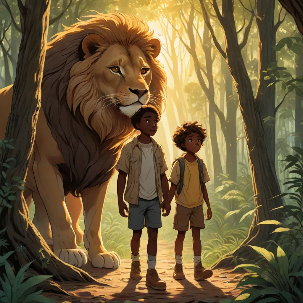 a boy and a girl standing in front of a lion in a forest with trees and bushes on either side of them, magical realism, a storybook illustration, Aaron Jasinski, official art