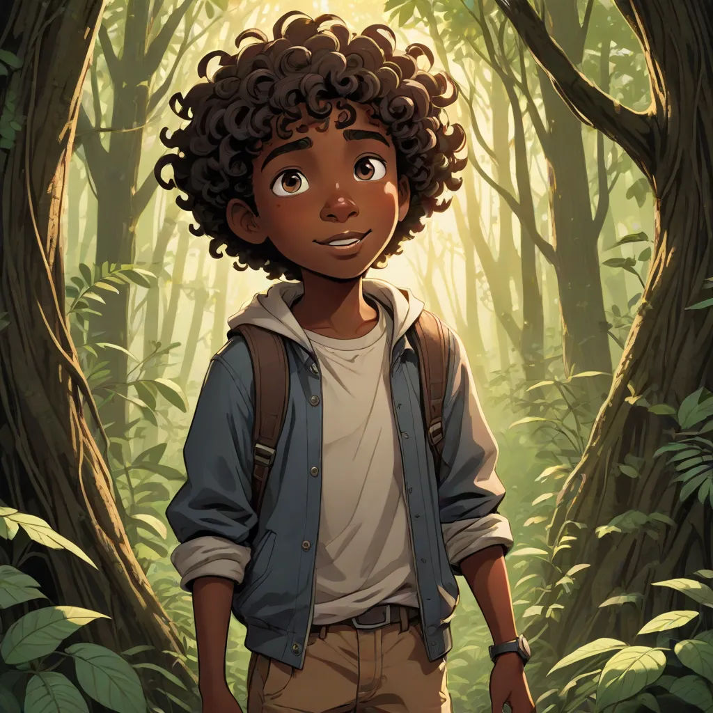 a young boy standing in a forest with a backpack on his back and a backpack on his shoulder, looking at the camera, harlem renaissance, a character portrait, Cedric Seaut (Keos Masons), comic cover art