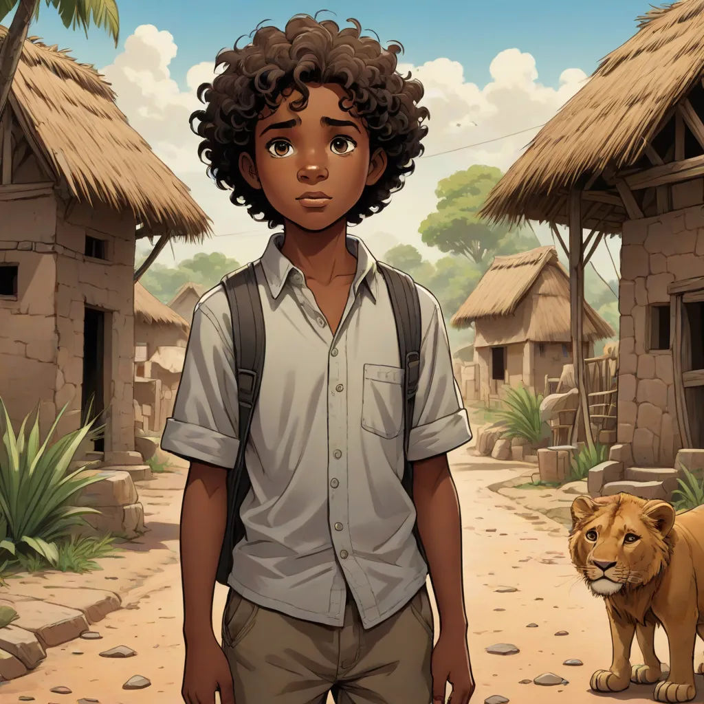 a boy standing in front of a lion in a village with thatched roofs and a stone path leading to a small village, magical realism, concept art, Cedric Seaut (Keos Masons), graphic novel