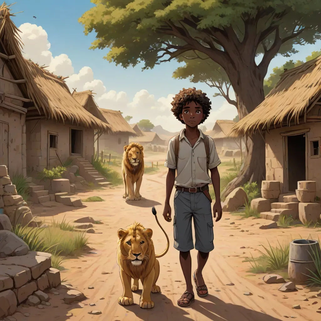 a boy walking a lion down a dirt road next to a village with thatched roofs and a tree, magical realism, a storybook illustration, Chris LaBrooy, cushart krenz