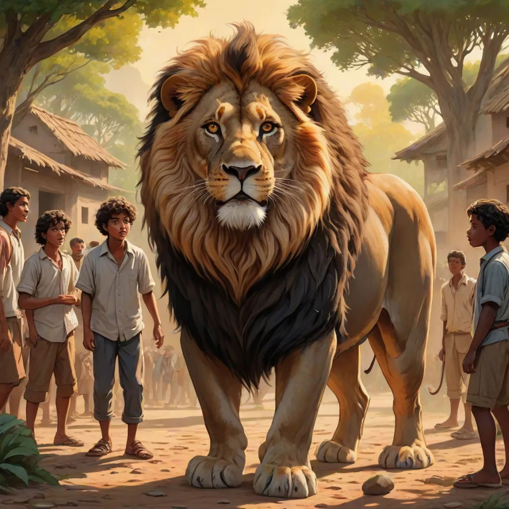 a painting of a lion standing in front of a group of people in a village with trees and buildings, fantastic realism, a storybook illustration, Clint Cearley, official art