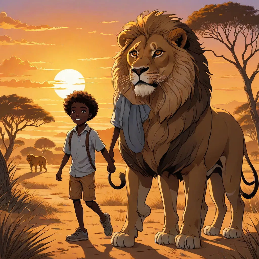 a boy and a lion in a desert scene with the sun setting behind them and a person holding the lion's hand, magical realism, a storybook illustration, Diego Gisbert Llorens, official art
